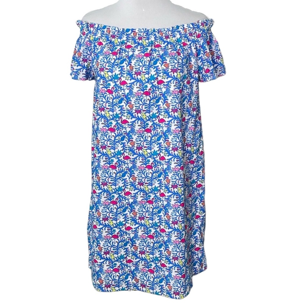 Vineyard Vines Flamingo Tropical Print Off-Shoulder Casual Dress